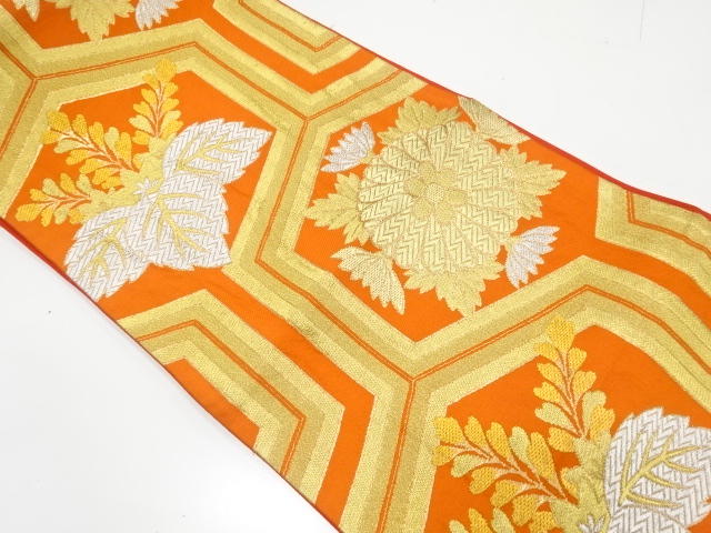 JAPANESE KIMONO / ANTIQUE FUKURO OBI / SILK / WOVEN KIKKO & PAULOWNIA & KIKU